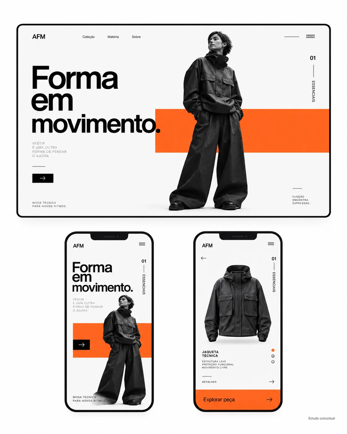 Website editorial e versão mobile — estudo conceitual