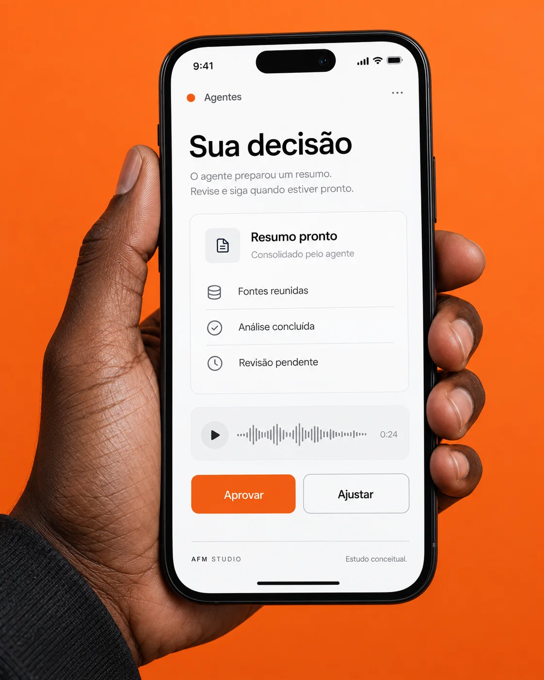 Agentes de IA — revisão no celular — estudo conceitual