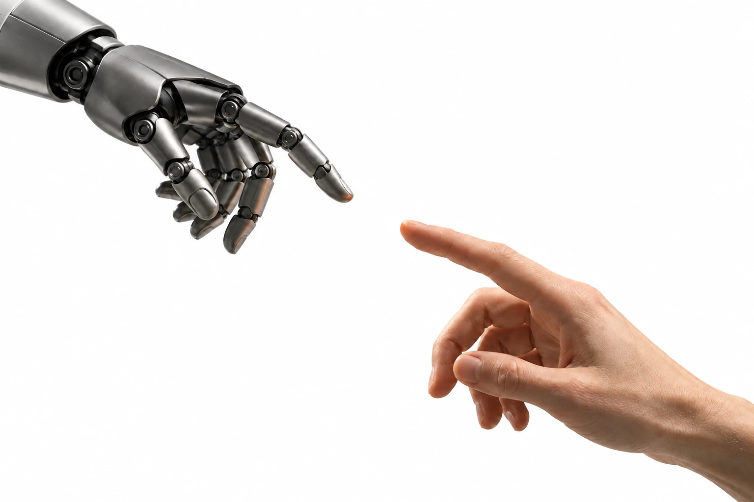 Estudo conceitual: conexão entre mão humana e robótica, com núcleo laranja AFM.